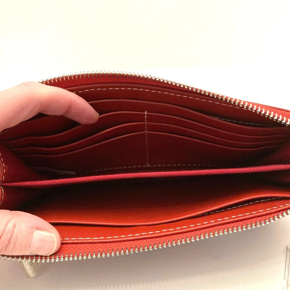 NWT Besso Red‎ Leather Wallet Double Clasp Pockets Zip Top Contrast Stitching